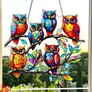 Suncatcher Owls Bird Cutout Tree Branch Hanging Window Colorful Decor in/outdoor